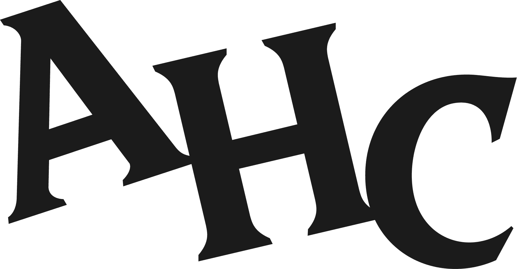 Large dark grey serif lettering spelling 'AHC' in a sophisticated, bold, and clean font. The letters should be slightly distressed or have a subtle texture. The background is a solid dark charcoal grey (#1a1a1a) to blend seamlessly with a footer. The composition is minimalist and high-end, suitable for a modern HVAC or home services brand. Soft modern SaaS aesthetic.